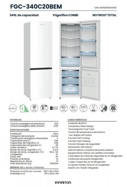Frigorífico Combi Infiniton FGC-340C20BEM 340L 202cm Total No Frost Blanco Clase E
