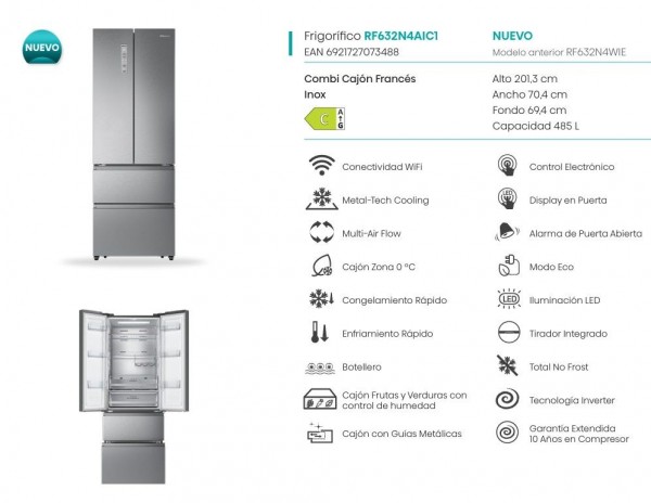 Frigorífico Combi Hisense RF632N4AIC1 485L No Frost Total Inox Clase C