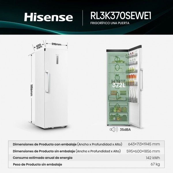 Frigorífico Hisense RL3K370SEWE1 372L 186cm Clase E Blanco