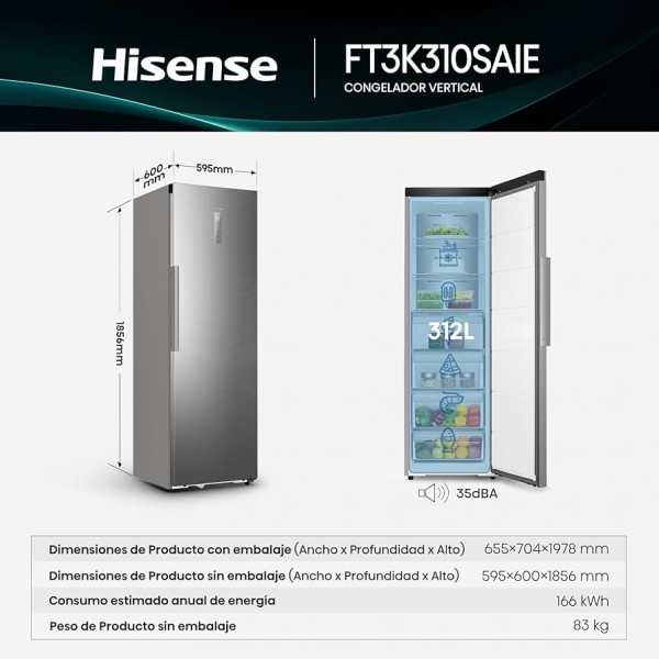 Congelador Vertical Hisense FT3K310SAIE 312L No Frost Inox Clase E WiFi Silencioso