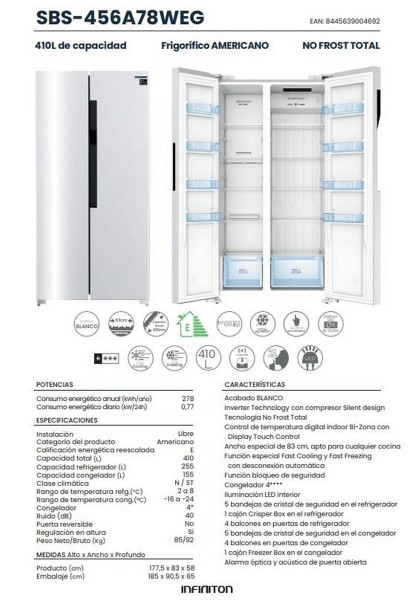 Frigorífico Americano INFINITON SBS-456A78WEG Blanco 410L Clase E No Frost