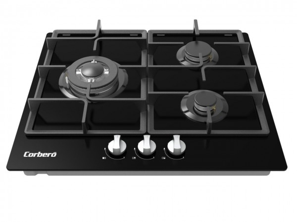Encimera Corberó CPCGM3F3121N Cristal Negro 3 Fuegos Gas Butano con Wok y Parrillas Fundid