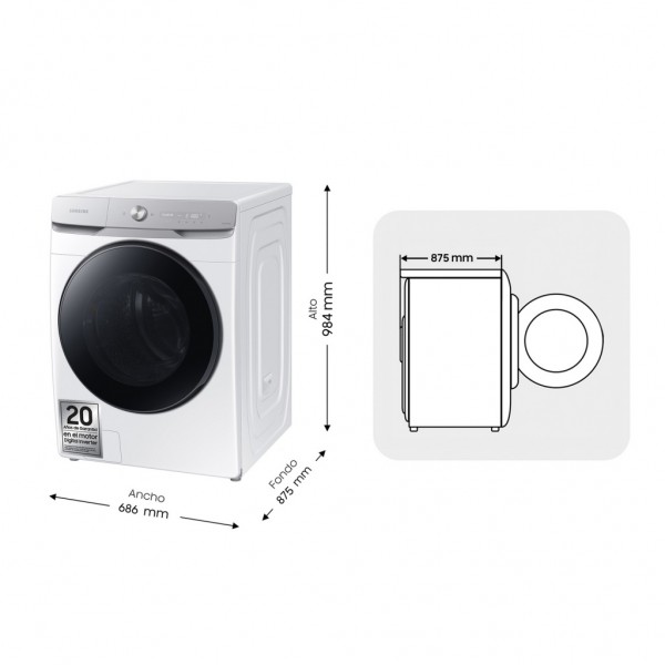 Lavadora Samsung 20kg Carga Frontal | 1000 rpm | Clase A | Blanca | Modelo WF20DG8650BWU3 