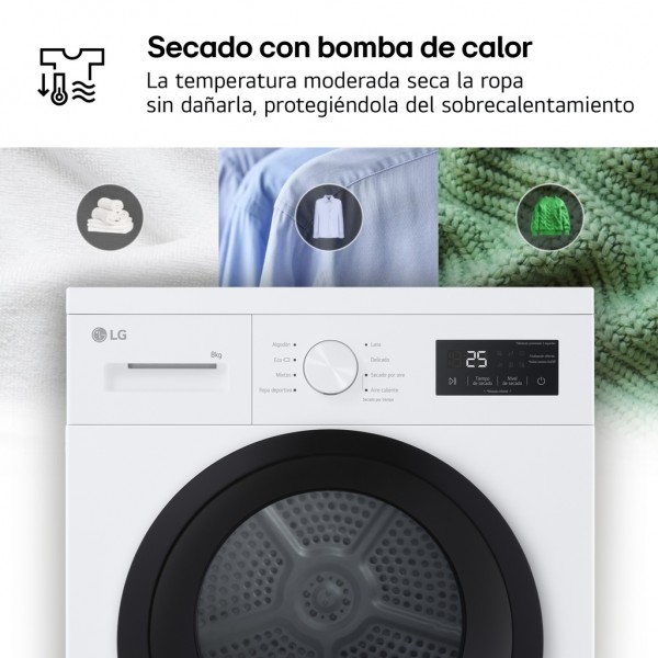 Secadora LG RHA1008NWK | 8 kg, Bomba de Calor A++, Antiarrugas, Blanca