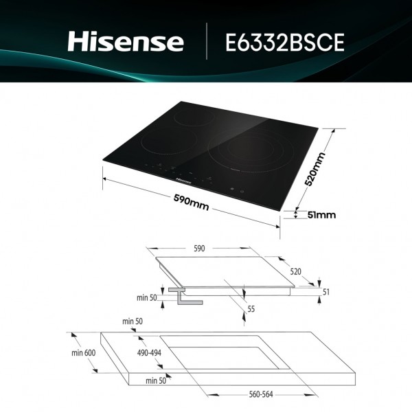 Vitroceramica Hisense E6332BSCE, 3zonas, 30cm