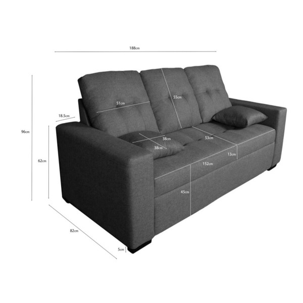 Sofá 3 Plazas Egeo Malmo Gris 188 cm Diseño Moderno