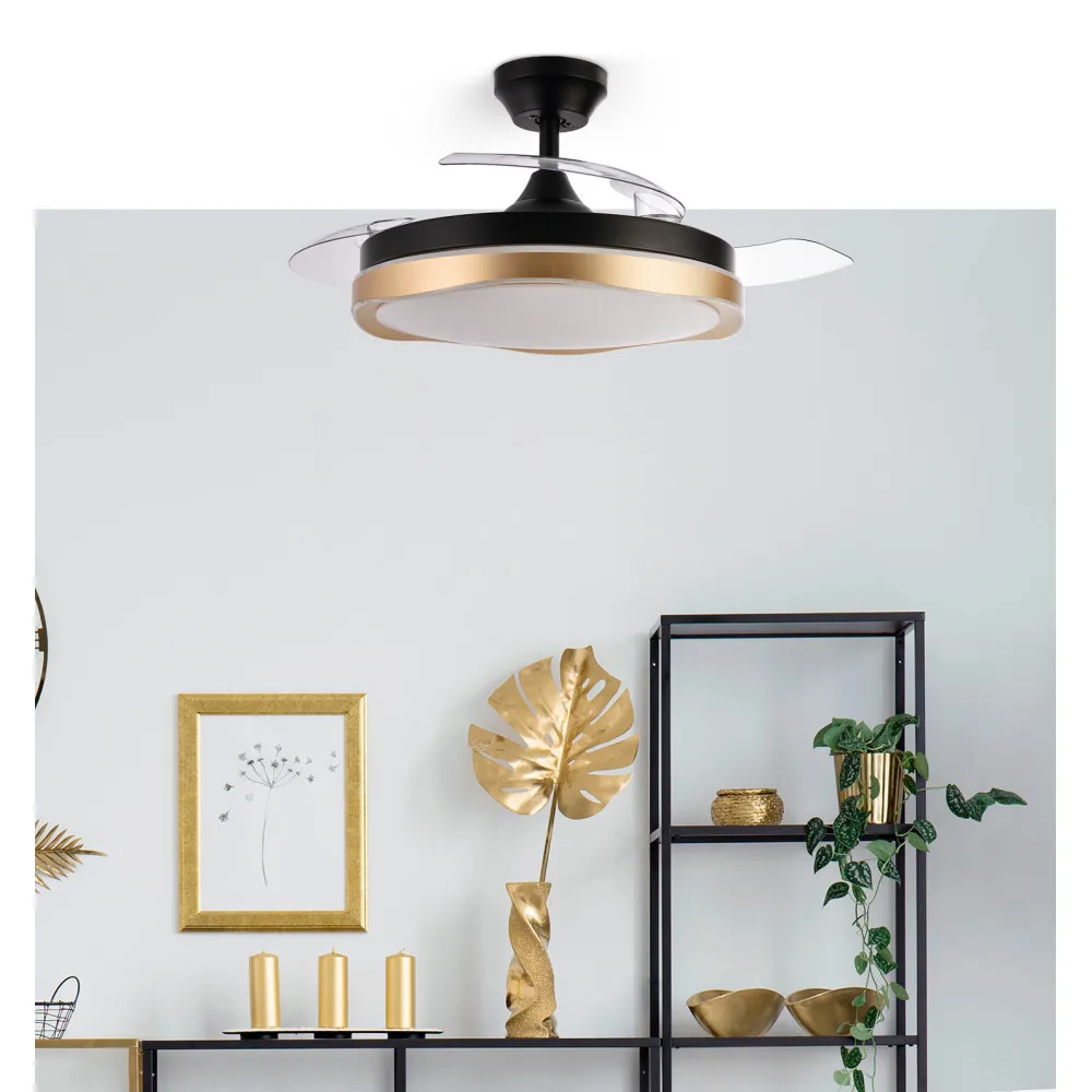Ventilador Dc Blondi Negro/oro 72w 3aspas 107d 7200lm 6vel 3000k,4500k,6000k, Remoto+tempo