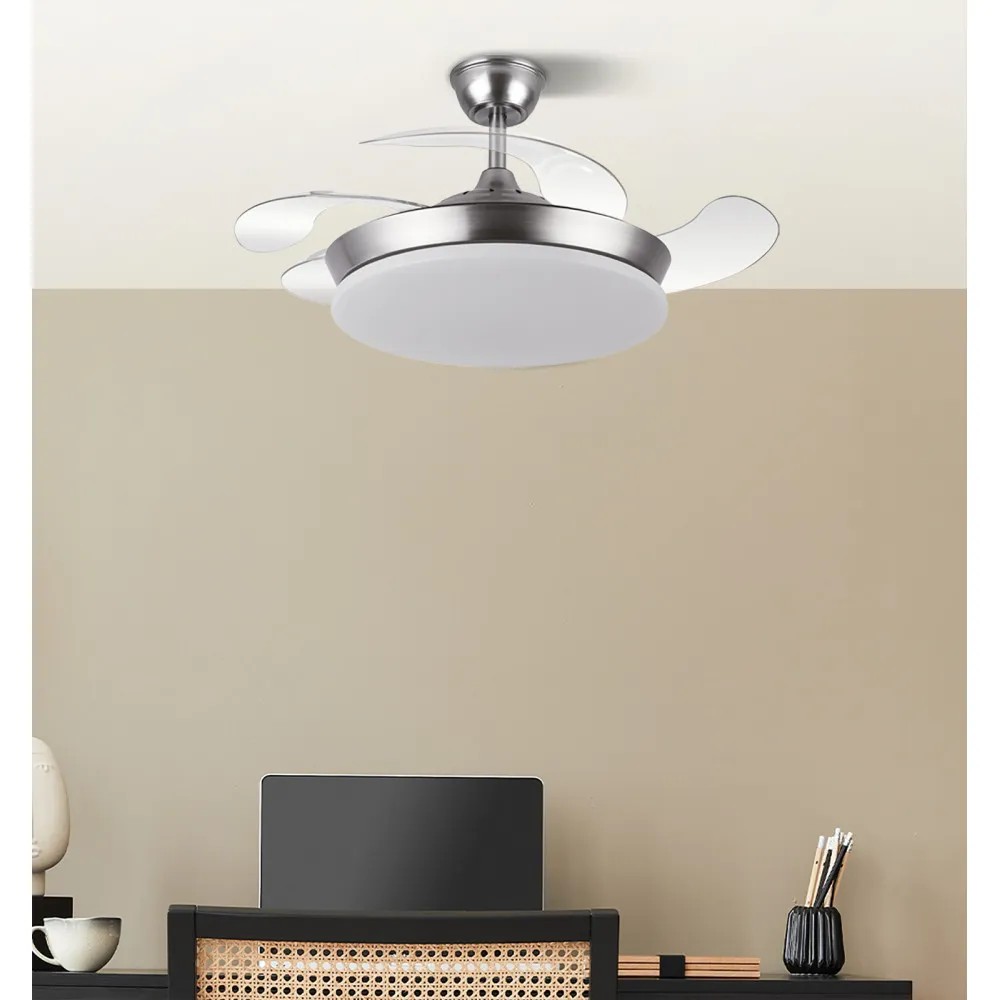 Ventilador DC Tridente Mini Níquel 59W LED 6980Lm 91cm con Mando y Temporizador