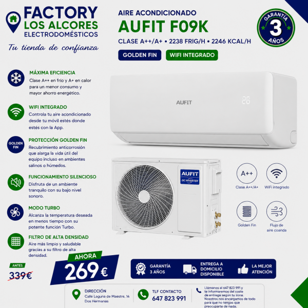 Aire Acondicionado Aufit F09K - Clase A++/A+, 2238 frig/h, 2246 kcal/h, Golden Fin, WiFi, 