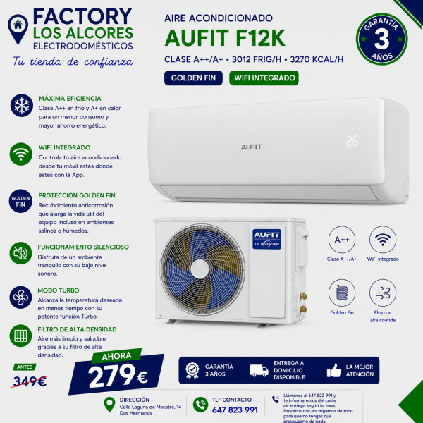 Aire Acondicionado Aufit F12K - Clase A++/A+, 3012 frig/h, 3270 kcal/h, Golden Fin, Wi-Fi