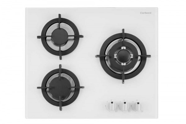 Encimera Corbero CPCGY2313W Cristal Blanco 3 Fuegos Wok Gas Butano con Seguridad Integrada