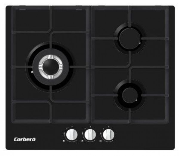 Encimera Corberó CPCGM3F3121N Cristal Negro 3 Fuegos Gas Butano con Wok y Parrillas Fundid