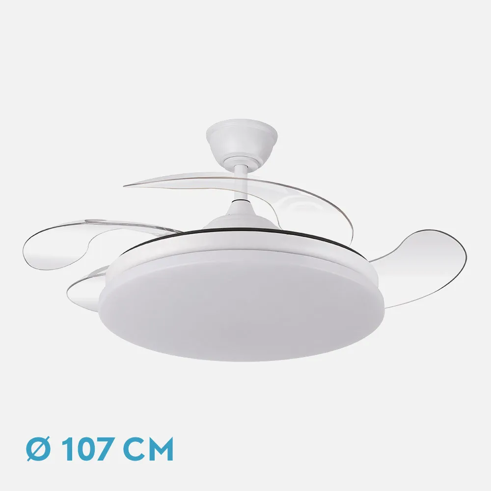 Ventilador DC Tridente Blanco 59W LED 6980Lm 107cm con Mando y Temporizador
