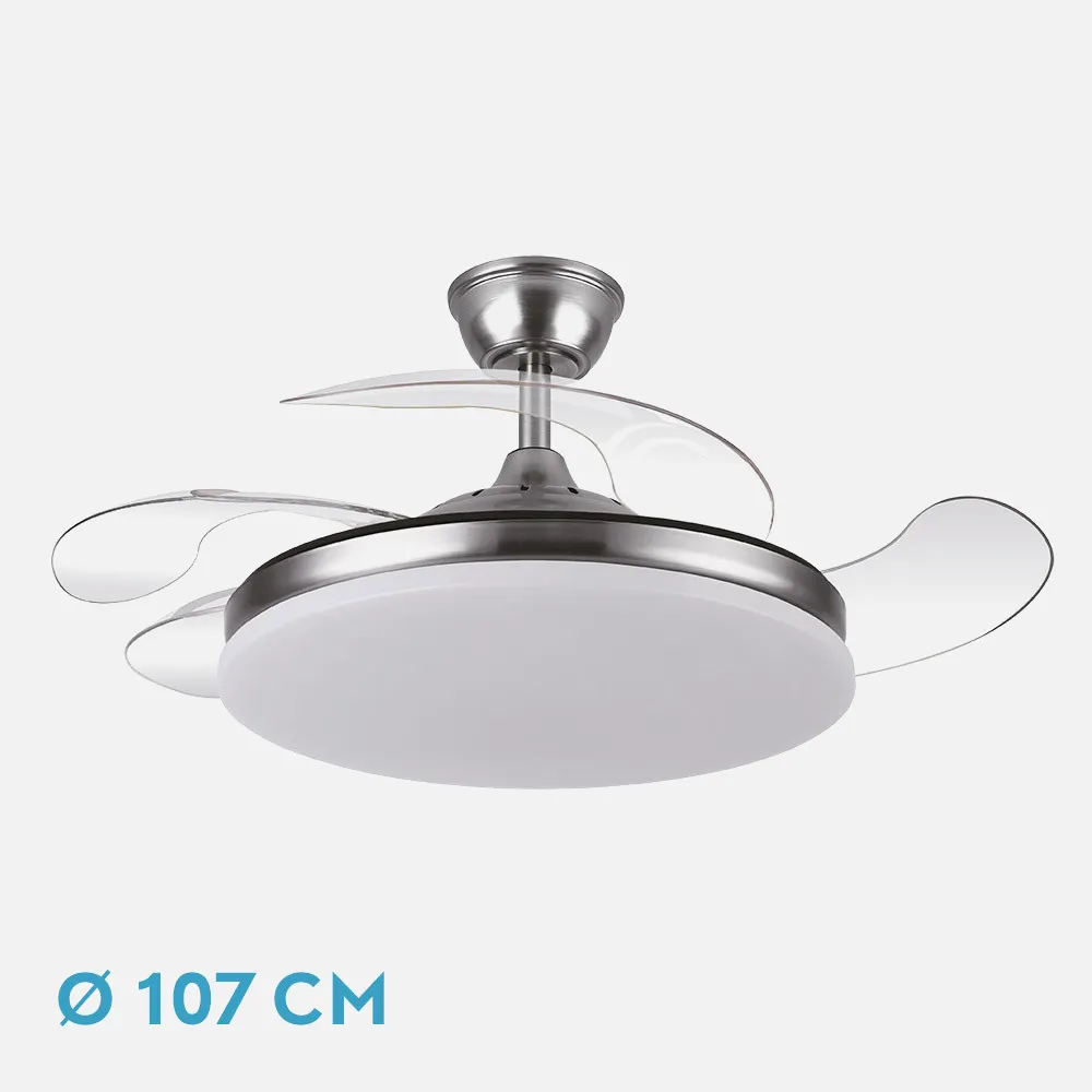 Ventilador DC Tridente Níquel 59W LED 6980Lm 107cm con Mando y Temporizador