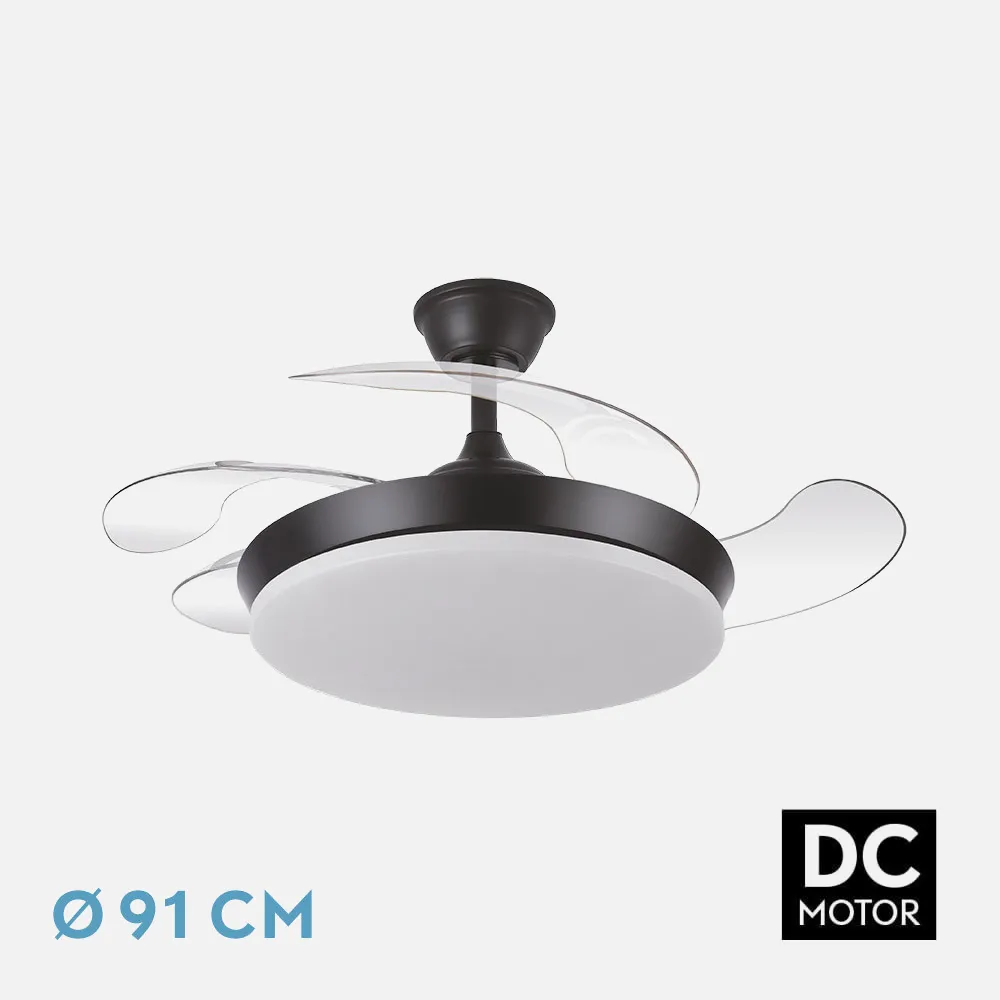Ventilador DC Tridente Mini Negro 59W LED 6980Lm 91cm con Mando y Temporizador