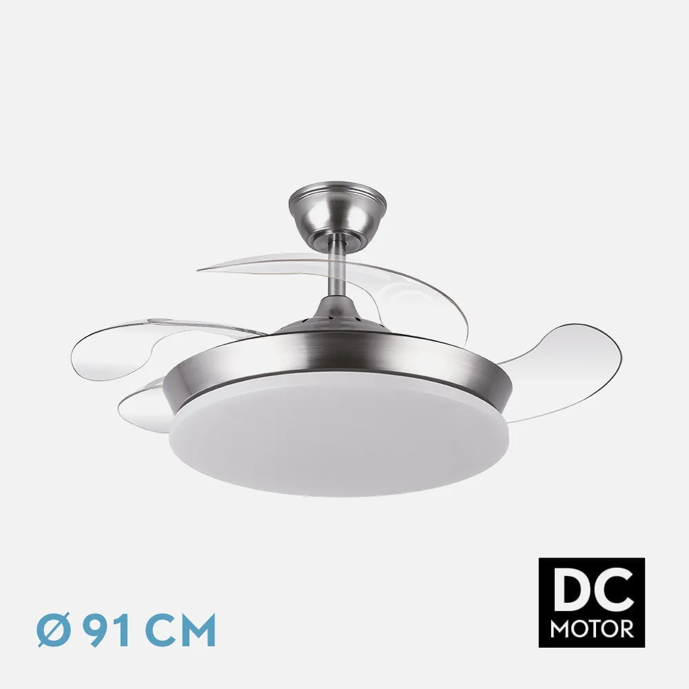 Ventilador DC Tridente Mini Níquel 59W LED 6980Lm 91cm con Mando y Temporizador