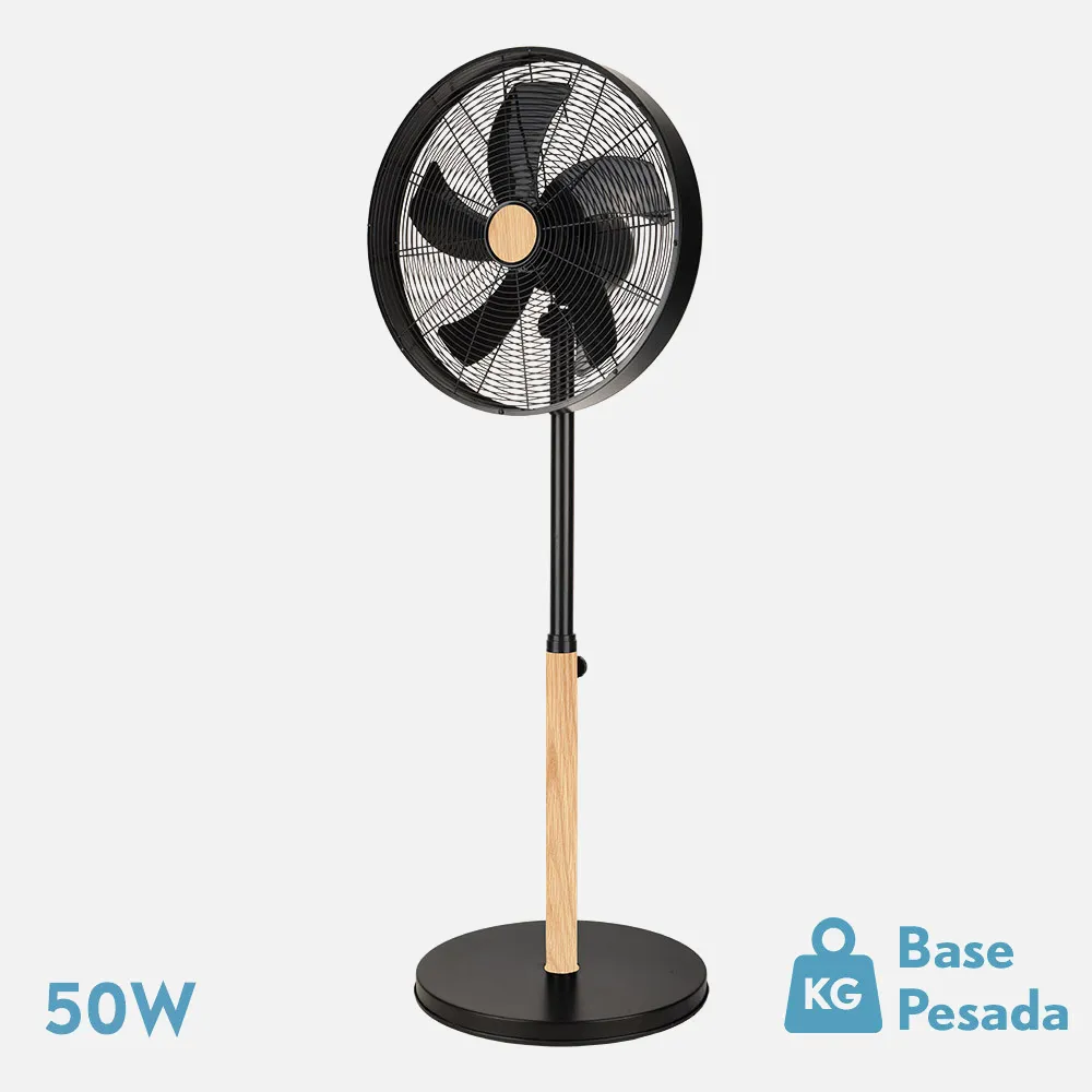 Ventilador De Pie Falcon Negro/haya 3vel 50w 5aspas Oscilante Y Rotatorio Regx45x37cm